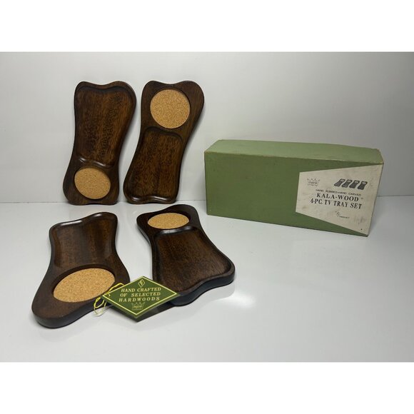 Imperial International Other - Imperial International Hand-Carved Kala-Wood 4-Piece TV Tray Set With Cork Inset